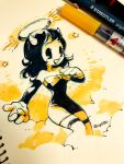  1girl alice_(bendy_and_the_ink_machine) bendy bendy_and_the_ink_machine black_hair black_lips detached_sleeves gloves halo horns lipstick long_hair makeup 