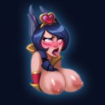  1girl ahegao animal_ears blue_eyes blue_hair breasts casemon drill_hair facial_mark hair_ornament heart heart-shaped_pupils highres large_breasts league_of_legends lips open_mouth puffy_nipples rolling_eyes symbol-shaped_pupils tears tongue tongue_out xayah 