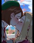  2girls beret blonde_hair blush brown_hair creatures_(company) eyebrows eyes_closed female_protagonist_(pokemon_swsh) game_freak hat heart highres kissing long_hair multiple_girls nintendo pokemon pokemon_swsh shirt short_hair sky sweater u-doku unnamed_girl_(pokemon_swsh) yuri 