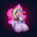  1girl ahegao blush breasts casemon cum_in_container cup heart heart-shaped_pupils highres horn jewelry large_breasts league_of_legends lips necklace nipples pointy_ears puffy_nipples purple_skin rolling_eyes short_hair soraka symbol-shaped_pupils teeth tongue tongue_out white_hair yellow_eyes 