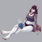  anthro aurru beverage brown_hair canid canine canis claws clothed clothing coffee cup domestic_dog facial_piercing female green_eyes grey_background hair holding_object mammal midriff navel nose_piercing nose_ring piercing simple_background sitting solo toe_claws white_belly 