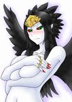  1girl bare_shoulders black_hair black_wings blush breast_hold breast_press breasts bust collarbone covering covering_breasts duel_monster embarrassed emblem fabled_grimro female fiend_roar_deities fiend_roar_deity_grimlo fingernails frown green_eyes hands jewelry large_breasts long_fingernails long_hair long_image looking_at_viewer monster_girl multicolored_eyes nail_polish navel nude pataniito pataryouto pointy_ears red_nails red_sclera ring simple_background solo tiara upper_body white_background white_skin wings yu-gi-oh! yuu-gi-ou_duel_monsters 