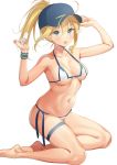  :p absurdres ahoge ameyame arms_up artoria_pendragon_(all) barefoot baseball_cap bikini blue_eyes blush breasts eyebrows_visible_through_hair fate/grand_order fate_(series) food halterneck hat highres long_hair looking_at_viewer medium_breasts mysterious_heroine_x navel ponytail popsicle side-tie_bikini sidelocks simple_background sitting skindentation swimsuit thigh_strap tongue tongue_out white_background white_bikini wristband yokozuwari 