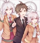  1girl 2boys ahoge akira_(aky-la) arm_behind_back bangs black_neckwear blush breasts brown_hair brown_jacket commentary_request danganronpa danganronpa_3 eyebrows_visible_through_hair flipped_hair formal green_eyes grey_eyes hair_ornament highres hinata_hajime jacket komaeda_nagito large_breasts long_sleeves medium_hair messy_hair multiple_boys nanami_chiaki necktie open_mouth pink_eyes pink_hair pink_neckwear pink_ribbon pleated_skirt pointing pointing_at_viewer red_neckwear ribbon school_uniform shirt short_hair simple_background skirt super_danganronpa_2 white_hair white_shirt 