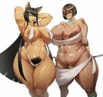  2girls areola_slip areolae armpits arms_behind_head arms_up bangs belly black_eyes black_hair blue_eyes bob_cut breasts cleavage curvy donaught egyptian erect_nipples fat huge_breasts image_sample large_areolae long_hair looking_at_viewer multiple_girls original parted_lips pixiv_sample plump pubic_hair shiny shiny_skin short_hair standing thick_thighs thighs third-party_edit very_long_hair wide_hips 