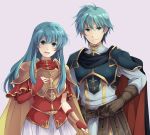  1boy 1girl aqua_hair armor belt blue_eyes breastplate brother_and_sister brown_gloves cape closed_mouth earrings eirika ephraim fingerless_gloves fire_emblem fire_emblem:_seima_no_kouseki gloves jewelry long_hair long_sleeves mememefe nintendo open_mouth red_gloves short_hair siblings simple_background smile 