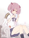  1girl badge black_legwear blue_sailor_collar blue_skirt bunny commentary_request couch cup dated feet_out_of_frame fujisaki_yuu hair_bobbles hair_ornament jacket_on_shoulders kantai_collection legs_crossed mug pink_eyes pink_hair pleated_skirt sailor_collar sazanami_(kantai_collection) school_uniform serafuku short_hair sitting skirt socks solo twintails twitter_username 