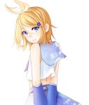  1girl blonde_hair blue_eyes blue_flower blue_skirt blue_sleeves crop_top detached_sleeves eyebrows_visible_through_hair flower from_behind grey_sailor_collar hair_between_eyes hair_flower hair_ornament hairband highres kagamine_rin looking_at_viewer looking_back midriff ponta_(poqpon) print_sailor_collar print_skirt sailor_collar shirt short_hair simple_background skirt sleeveless sleeveless_shirt smile solo standing vocaloid white_background white_shirt yellow_hairband 