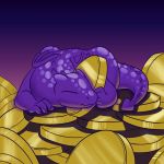  2019 coin dragon eyes_closed feral foxenawolf gold_(metal) gold_coin purple_scales scales 