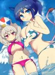  2girls alternate_hairstyle animal_ears arms_up ball bangs bare_arms bare_shoulders beachball bikini blue_bikini blue_eyes blue_hair blue_sky blush breasts cloud commentary_request cowboy_shot day doremy_sweet dutch_angle eyebrows_visible_through_hair feathered_wings gluteal_fold grey_jacket groin hair_between_eyes halterneck hand_up highres holding holding_ball huge_breasts jacket jitome kishin_sagume large_breasts lens_flare light_particles long_sleeves looking_at_viewer multiple_girls navel navel_piercing no_hat no_headwear open_clothes open_jacket outdoors piercing polka_dot polka_dot_bikini purple_bikini red_eyes sakaki_(utigi) short_hair short_ponytail side-tie_bikini sidelocks silver_hair single_wing sky smile standing stomach stomach_tattoo swimsuit tail tapir_ears tapir_tail tattoo thighs touhou wading water white_wings wings 
