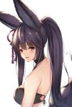  1girl animal_ears backless_outfit bangs bare_shoulders black_hair blunt_bangs breasts erune eyebrows_visible_through_hair fox_ears fur granblue_fantasy hair_ornament long_hair looking_at_viewer looking_to_the_side medium_breasts parted_lips ponytail red_eyes simple_background solo tail tied_hair upper_body white_background ym_(distance819) yuel_(granblue_fantasy) 