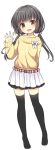  1girl :d arm_behind_back black_hair black_legwear blush bow brown_eyes check_copyright full_body hand_up kosumo_(nimoe) looking_at_viewer low_twintails nixininoo_yomesan_ni_nari_taku_te no_shoes official_art open_mouth simple_background skirt smile solo standing sweater twintails white_background white_bow white_skirt yellow_sweater 