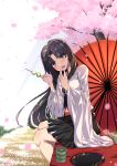  1girl bangs black_hair black_skirt bow brown_eyes cherry_blossoms cup dango food hair_bow highres holding holding_food inu3 japanese_clothes kantai_collection kimono long_hair looking_at_viewer low-tied_long_hair oriental_umbrella outdoors parted_bangs plate pleated_skirt red_umbrella shouhou_(kantai_collection) sitting skirt tree umbrella wagashi white_kimono wide_sleeves 