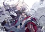  1girl blue_eyes blue_scarf droplets foreshortening hatutaro horns long_hair long_sleeves looking_at_viewer off_shoulder outstretched_hand pixiv_fantasia_last_saga scarf solo upper_body very_long_hair white_background white_hair yellow_eyes 