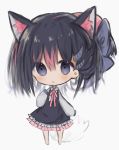  1girl :o animal_ear_fluff animal_ears bangs barefoot black_dress black_hair blue_bow blush bow braid chibi collared_shirt cottontailtokki dress full_body grey_background hair_between_eyes hair_bow highres horns long_hair long_sleeves looking_at_viewer multicolored_hair original parted_lips puffy_long_sleeves puffy_sleeves red_hair shirt simple_background sleeveless sleeveless_dress sleeves_past_fingers sleeves_past_wrists solo standing two-tone_hair white_shirt 