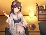  1girl barefoot brown_eyes brown_hair floral_print flower hair_flower hair_ornament indoors japanese_clothes kimono lamp long_hair looking_at_viewer lotion mimikaki nyum omimimikaki_kaki_shiawase_time seiza sitting smile solo stuffed_seal wooden_floor 