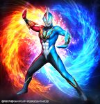  1boy bodysuit fighting_stance full_body hand_up ikkilo male_focus mask muscle official_art solo standing ultra_series ultraman_geed_(series) watermark 