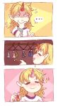  ... 1girl 3koma :&lt; =_= artist_name blank_eyes blonde_hair blush chains closed_mouth comic commentary cuffs english_commentary eyebrows_visible_through_hair eyes_closed fang fang_out flying_sweatdrops hand_on_own_chin highres holding horn hoshiguma_yuugi indoors long_hair oni open_mouth pointy_ears shaded_face shirt silent_comic sleep_(isliping) smile solo sparkle spoken_ellipsis star thinking touhou 