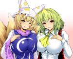  2girls ascot bangs blonde_hair blush breasts commentary_request dress eyebrows_visible_through_hair fox_tail frilled_shirt_collar frills gradient gradient_background green_hair hand_on_own_chest hat head_tilt huge_breasts kazami_yuuka koza47322 long_sleeves looking_at_viewer multiple_girls multiple_tails one_eye_closed parted_lips pillow_hat pink_background plaid plaid_vest red_eyes red_vest shirt short_hair smile tabard tail touhou upper_body vest white_background white_dress white_hat white_shirt wide_sleeves yakumo_ran yellow_eyes yellow_neckwear 