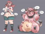  ! 2019 before_and_after blush clothed clothing female grey_background hip_expansion horn inanimate_transformation living_inflatable miltank nintendo open_mouth pok&eacute;mon pok&eacute;mon_(species) red_eyes reddishmaroon simple_background sitting solo standing surprise teats transformation udders video_games whitney_(pok&eacute;mon) wide_hips 