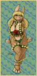  2019 anthro bell big_breasts blonde_hair breasts buckteeth candice_(kencougr) claws clothed clothing ear_piercing female fur green_eyes hair harness hi_res inner_ear_fluff kencougr lagomorph lingerie lipstick looking_at_viewer makeup mammal multicolored_fur navel open_mouth open_smile pattern_background piercing rabbit simple_background skimpy smile solo tan_fur teeth toe_claws two_tone_fur 