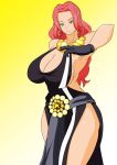  1girl baccarat_(one_piece) black_gloves breasts cleavage cleavage_cutout dress full_body gloves hand_on_hip high_heels huge_breasts large_breasts long_hair one_piece red_hair sleeveless sleeveless_dress 