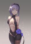  1girl backless_outfit bare_shoulders belt black_gloves black_hairband black_leotard blue_flower breasts center_opening cleavage commentary_request dark_skin eyebrows_visible_through_hair fate/prototype fate/prototype:_fragments_of_blue_and_silver fate_(series) fingerless_gloves flower gloves grey_background hairband hassan_of_serenity_(fate) large_breasts leggings leotard maekawa_yuichi navel purple_eyes purple_hair short_hair smile solo star starry_background 