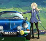  1girl artist_name black_hair blonde_hair blurry car depth_of_field field glasses ground_vehicle highres kokott long_hair motor_vehicle pantyhose perrine_h_clostermann renault_alpine_a110 smile solo strike_witches twitter_username world_witches_series yellow_eyes 