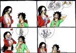  1boy 1girl black_hair blue_eyes boa_hancock breasts cleavage food huge_breasts large_breasts long_hair monkey_d_luffy one_piece smile 