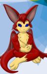  absurd_res big_ears blue_eyes chiropteran crossed_legs dust:_an_elysian_tail fangs fidget fur hi_res male mammal muscular nimbat paws pk privatekey red_fur smile solo tuft video_games wings_folded 