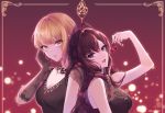  2girls :d ahoge black_dress blonde_hair blue_eyes blurry blurry_background breasts brown_hair cleavage crazy_crazy_(idolmaster) dress earrings elbow_gloves eyebrows_visible_through_hair fishnet_gloves fishnets food fruit gloves hado_(gjdlsxor1) hair_between_eyes hand_in_hair holding holding_food holding_fruit ichinose_shiki idolmaster idolmaster_cinderella_girls jewelry lazy_lazy_(idolmaster) long_hair looking_at_viewer medium_breasts miyamoto_frederica multiple_girls necklace open_mouth parted_lips short_hair sleeveless sleeveless_dress smile twitter_username yellow_eyes 