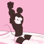  anthro bed bed_sheet bedding bulge clothing disney erection erection_under_clothes half-closed_eyes hand_behind_head heddy hi_res humanoid_hands male mammal mickey_mouse mouse navel on_bed pecs pillow pink_theme raised_arm rodent simple_background sitting solo stretching thin_tail under_covers underwear 
