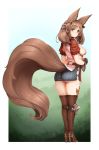  1girl animal_ear_fluff animal_ears ass barbariank belt boots breasts brown_footwear brown_gloves brown_hair commentary earrings english_commentary eyebrows_visible_through_hair fluffy from_behind full_body gloves granblue_fantasy high_heel_boots high_heels highres hip_vent jewelry la_coiffe_(granblue_fantasy) large_breasts long_hair looking_at_viewer panties puffy_short_sleeves puffy_sleeves short_sleeves smile solo tail thigh_boots thighhighs underwear white_panties 