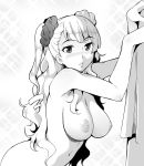  1girl blush breasts earrings eyebrows eyebrows_visible_through_hair galko ghettoyouth greyscale groin highres jewelry large_breasts long_hair looking_at_viewer monochrome navel nipples nude oshiete!_galko-chan parted_lips shiny shiny_skin simple_background solo sparkle_background standing upper_body white_background 