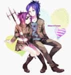  1boy 1girl bad_id bad_pixiv_id blue_eyes blue_hair breasts chrome_dokuro closed_mouth eyepatch heterochromia junekun katekyo_hitman_reborn! polearm purple_eyes purple_hair red_eyes rokudou_mukuro short_hair skirt spear uniform weapon 