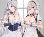  2girls anchor apron azur_lane backlighting bare_shoulders belfast_(azur_lane) between_breasts blush bodice braid breast_lift breasts buttons chains choker cleavage collar collarbone commentary_request day dress french_braid frilled_sleeves frills gauntlets gloves grey_hair hairband head_tilt kanikou large_breasts long_hair looking_at_viewer maid maid_apron maid_headdress multiple_girls parted_lips purple_eyes red_eyes short_hair short_sleeves side-by-side sidelocks silver_hair sirius_(azur_lane) standing taut_clothes taut_dress upper_body very_long_hair waist_apron white_apron white_gloves window 