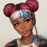  1girl apex_legends backpack bag blurry brown_eyes close-up commentary dark_skin double_bun eyeshadow face facing_viewer freckles headband headset lifeline_(apex_legends) lips looking_to_the_side makeup parted_lips red_hair short_hair signature simple_background solo tattoo umigraphics white_background 
