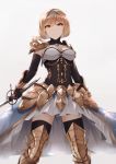  &gt;:( 1girl absurdres armor armored_boots arms_at_sides black_gloves blue_hairband boots breasts brown_eyes brown_hair cleavage closed_mouth commentary covered_navel detached_collar djeeta_(granblue_fantasy) elbow_gloves english_commentary faulds feet_out_of_frame gloves granblue_fantasy grey_background hairband highres holding holding_sword holding_weapon legs_apart looking_at_viewer medium_breasts mengo pauldrons serious short_hair shoulder_armor simple_background skirt solo standing strapless sword thighhighs thighhighs_under_boots vambraces weapon white_skirt zettai_ryouiki 