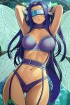  1girl arms_up blush breasts breasts_apart butterfly_hair_ornament butterfly_wings cameltoe covered_eyes digimon digimon_frontier facial_mark fairymon forest garter_straps gloves gluteal_fold hair_intakes hair_ornament highres lasterk legs_together long_hair medium_breasts nature navel outdoors purple_hair purple_legwear revealing_clothes solo standing teeth thigh_gap thighhighs tree visor wings 
