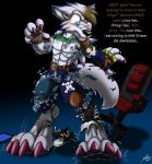  armor belt catmonkshiro chair claws clothing digimon digimon_(species) digitigrade dog_tags ear_piercing ear_ring fangs footwear foxlightning hi_res human ipad kneepad mammal pants piercing pointy_ears shirt shoes shoulderpad sitting snout solo tail_growth text torn_clothing transformation weregarurumon 