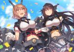  2girls bangs black_gloves black_hair blush breasts brown_eyes brown_hair cleavage cloud collar commentary_request confetti elbow_gloves eyebrows_visible_through_hair gloves hair_between_eyes hairband headgear kantai_collection large_breasts long_hair metal_belt metal_collar midriff miniskirt multiple_girls mutsu_(kantai_collection) nagato_(kantai_collection) open_mouth outdoors pleated_skirt radio_antenna remodel_(kantai_collection) rigging short_hair skirt sky smile standing thighhighs tonari_no_kai_keruberosu turret weapon white_gloves 