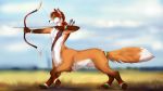  4_toes 5_fingers animal_genitalia brown_hair canid canine day detailed_background fox fur green_eyes hair holding_object holding_weapon lycangel male mammal orange_fur outside pawpads sheath sky taur toes weapon 
