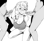  1girl 2boys blush bottomless breasts cleavage collarbone cum double_handjob ejaculation erect_nipples eyebrows eyebrows_visible_through_hair facial galko ghettoyouth greyscale groin handjob highres large_breasts monochrome multiple_boys oshiete!_galko-chan pussy_juice simple_background tank_top white_background 