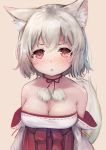  1girl :o animal_ear_fluff animal_ears bangs bare_shoulders breasts chestnut_mouth choker cleavage detached_sleeves fang hakama highres inubashiri_momiji japanese_clothes medium_breasts momiji_manjuu_(usagiblackmore) pink_eyes pom_pom_(clothes) red_choker red_hakama red_ribbon ribbon ribbon-trimmed_clothes ribbon-trimmed_sleeves ribbon_choker ribbon_trim short_hair silver_hair solo tail tail_raised touhou upper_body wolf_ears wolf_girl wolf_tail 