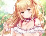  animal blonde_hair blush bow breasts brown_eyes cat cleavage cropped long_hair mitsuba_choco original ponytail ribbons waifu2x wristwear 