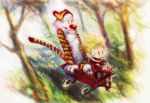  2017 4_fingers anthro blonde_hair calvin_(c&amp;h) calvin_and_hobbes child cinemamind clothed clothing digital_media_(artwork) digital_painting_(artwork) dipstick_tail duo felid fur grainy hair hi_res hobbes human mammal multicolored_tail open_mouth open_smile orange_fur outside pantherine smile striped_fur striped_tail stripes tiger tree wagon white_fur young 