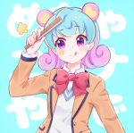  1girl :q aikatsu! aikatsu!_(series) animal_ears bear_ears blue_background blue_hair blush bow bowtie check_(check_book) collared_shirt commentary_request doujima_nina facial_mark fan folding_fan gradient_hair heart jacket long_sleeves multicolored_hair orange_jacket pink_hair purple_eyes red_neckwear school_uniform shirt short_hair solo star tongue tongue_out upper_body white_shirt 