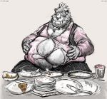  anthro aokmaidu belly belly_overhang big_belly chubby_cheeks claws clothed clothing double_chin fangs felid food fur hand_on_stomach love_handles machairodontine male mammal obese obese_male overweight overweight_male pizza sabertooth_(feature) sitting smile solo straining_buttons torn_clothing white_fur 