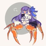 1girl =3 anger_vein bangs blue_eyes blue_ribbon blunt_bangs blush commentary_request covered_mouth crab crossed_arms crotch_plate fate/extra fate/extra_ccc fate_(series) hair_ribbon long_hair long_sleeves meltlilith navel ngt_ngng pout purple_hair ribbon simple_background sleeves_past_fingers sleeves_past_wrists solo transformation very_long_hair 