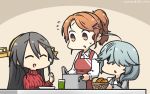  3girls ahoge apron aquila_(kantai_collection) basket black_hair black_ribbon braid bread brown_eyes collared_shirt dated eyes_closed food grey_cardigan grey_hair hair_ornament hair_over_eyes hair_ribbon hairband hairclip hamanami_(kantai_collection) hamu_koutarou haruna_(kantai_collection) headgear high_ponytail highres kantai_collection long_hair long_sleeves multiple_girls orange_hair pot red_apron red_sweater ribbed_sweater ribbon shirt single_braid sweater table tongs translation_request wavy_hair white_shirt 